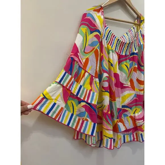 John Mark Abstract Wave Smocked Round Neck 3/4 Bell Sleeve Ruffled Tunic Sz 2X - Picture 3 of 6